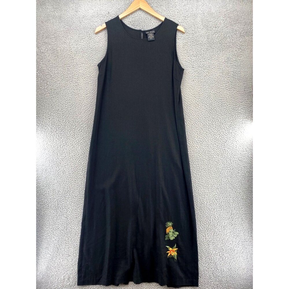 Citi Dress Womens 16 Black Linen Blend Maxi Embroidered Pineapple Beach Casual